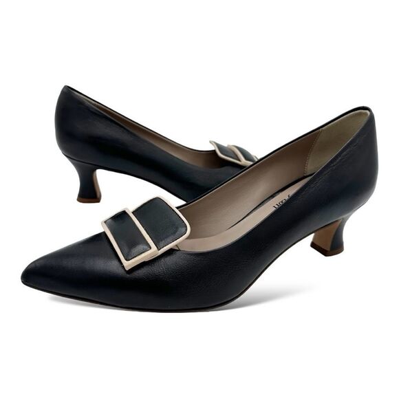 L’idea by Lori Black Pointed Pumps Taupe Trimmed Leather Rectangle Embellishment - Picture 3 of 13